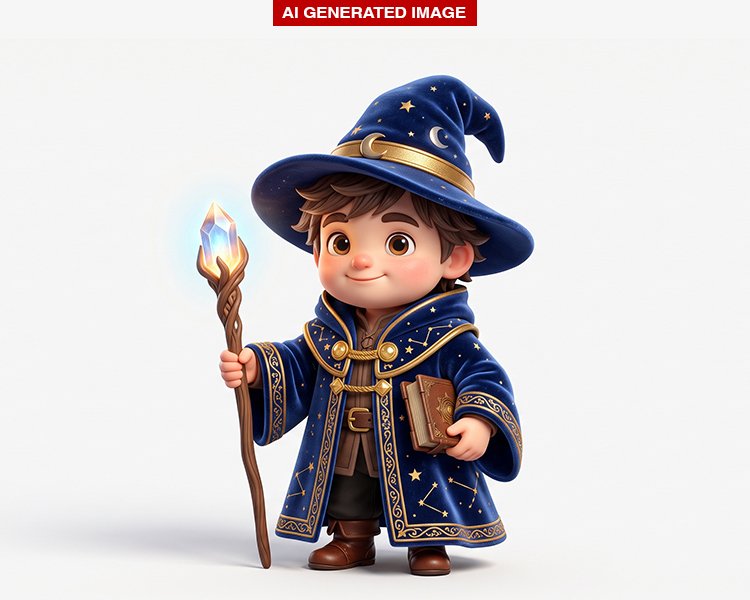 AI-generated young wizard character in blue robes and a star-covered hat, holding a glowing staff and a book.