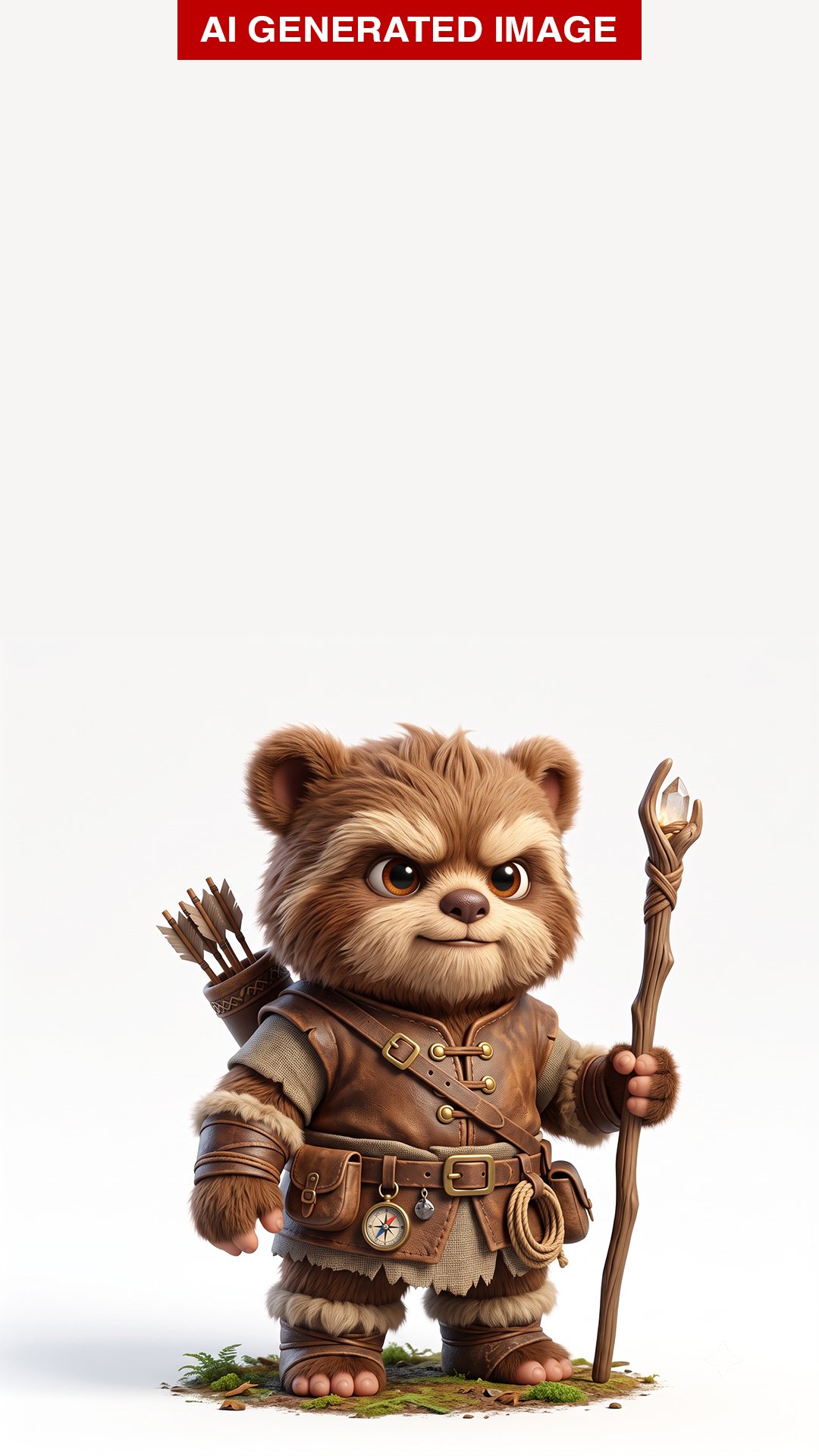 AI-generated woodland ranger character with brown fur, leather armour, a staff and a quiver of arrows.