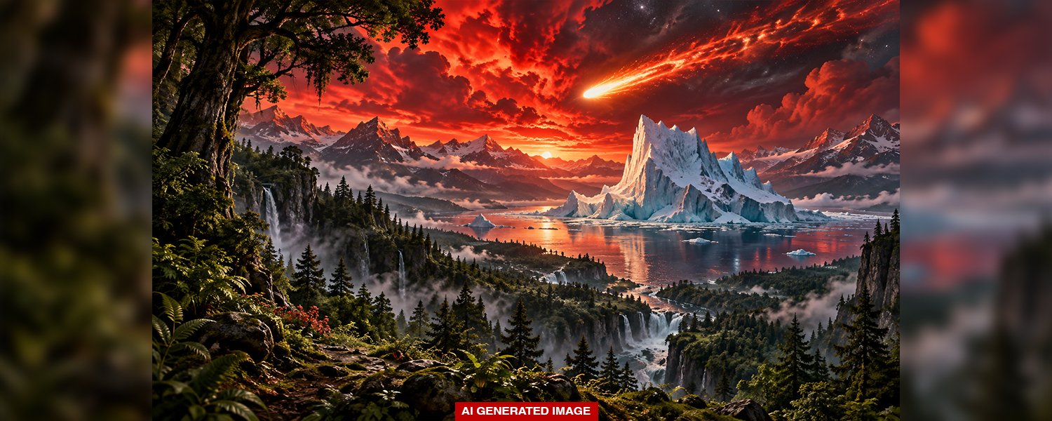 AI-generated landscape artwork with a blazing red sky, a streaking meteor and an iceberg above a forested valley.