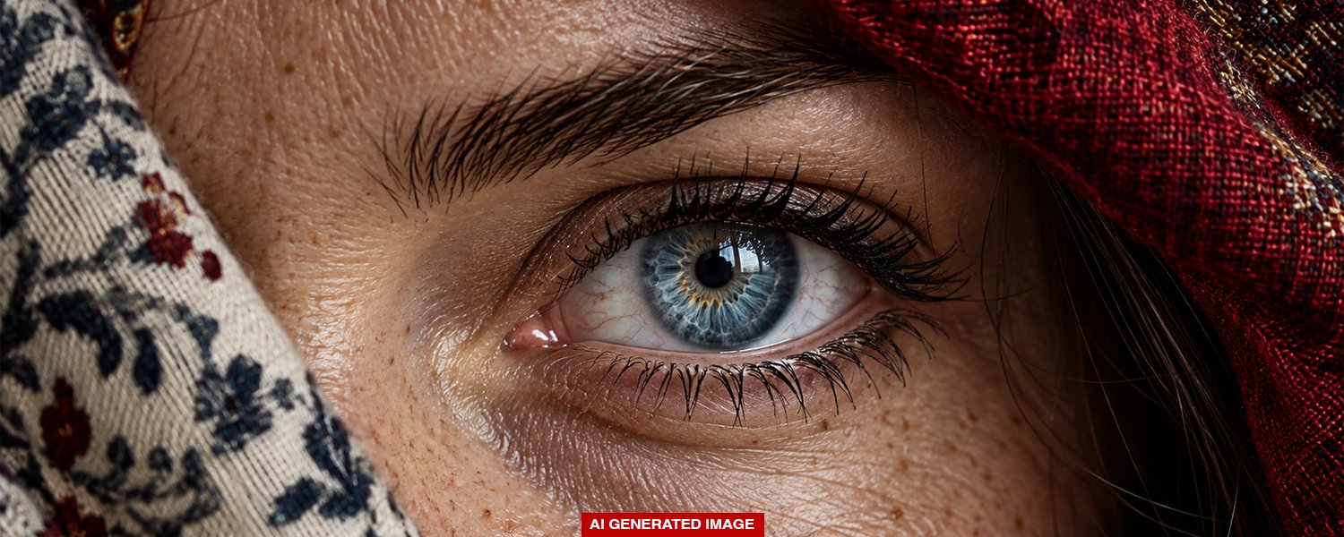 Close-up portrait of a blue eye framed by patterned scarves.