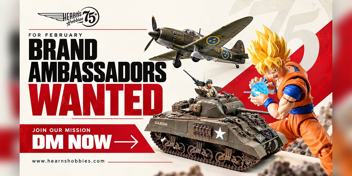 Hearns Hobbies brand ambassador recruitment poster featuring an anime character, model aircraft and a tank.