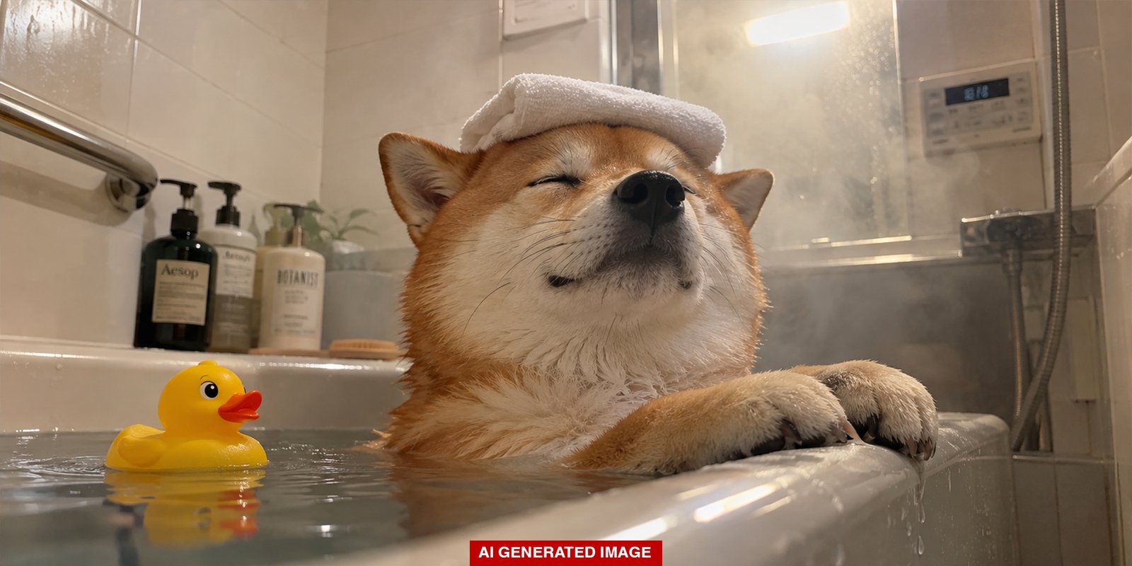 Dog relaxing in a steamy bathtub with a towel on its head and a yellow rubber duck nearby.