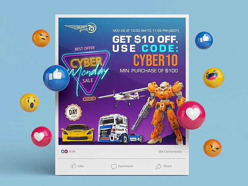 Hearns Hobbies Cyber Monday social media advertisement offering $10 off with code CYBER10.