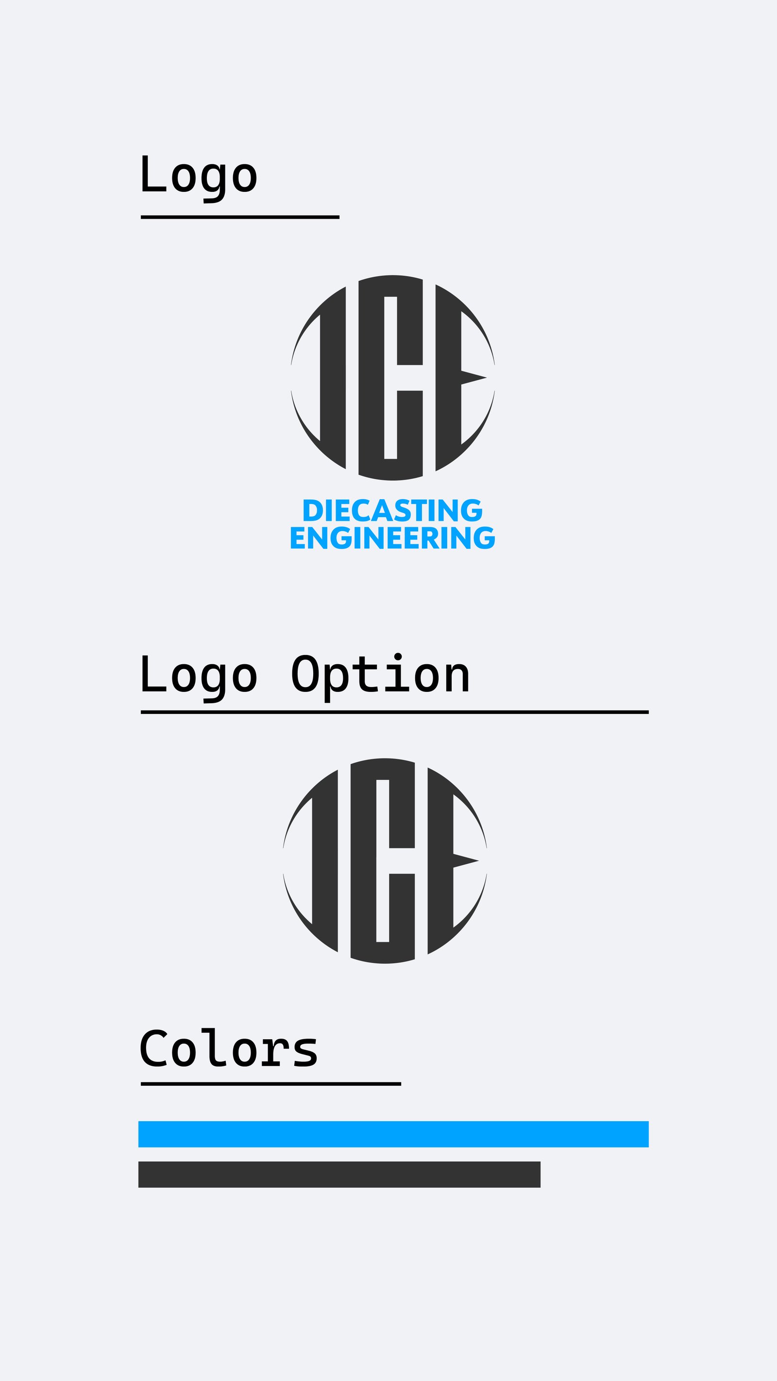 Diecasting Engineering logo presentation with monochrome logo variations and a blue, black and white colour palette.
