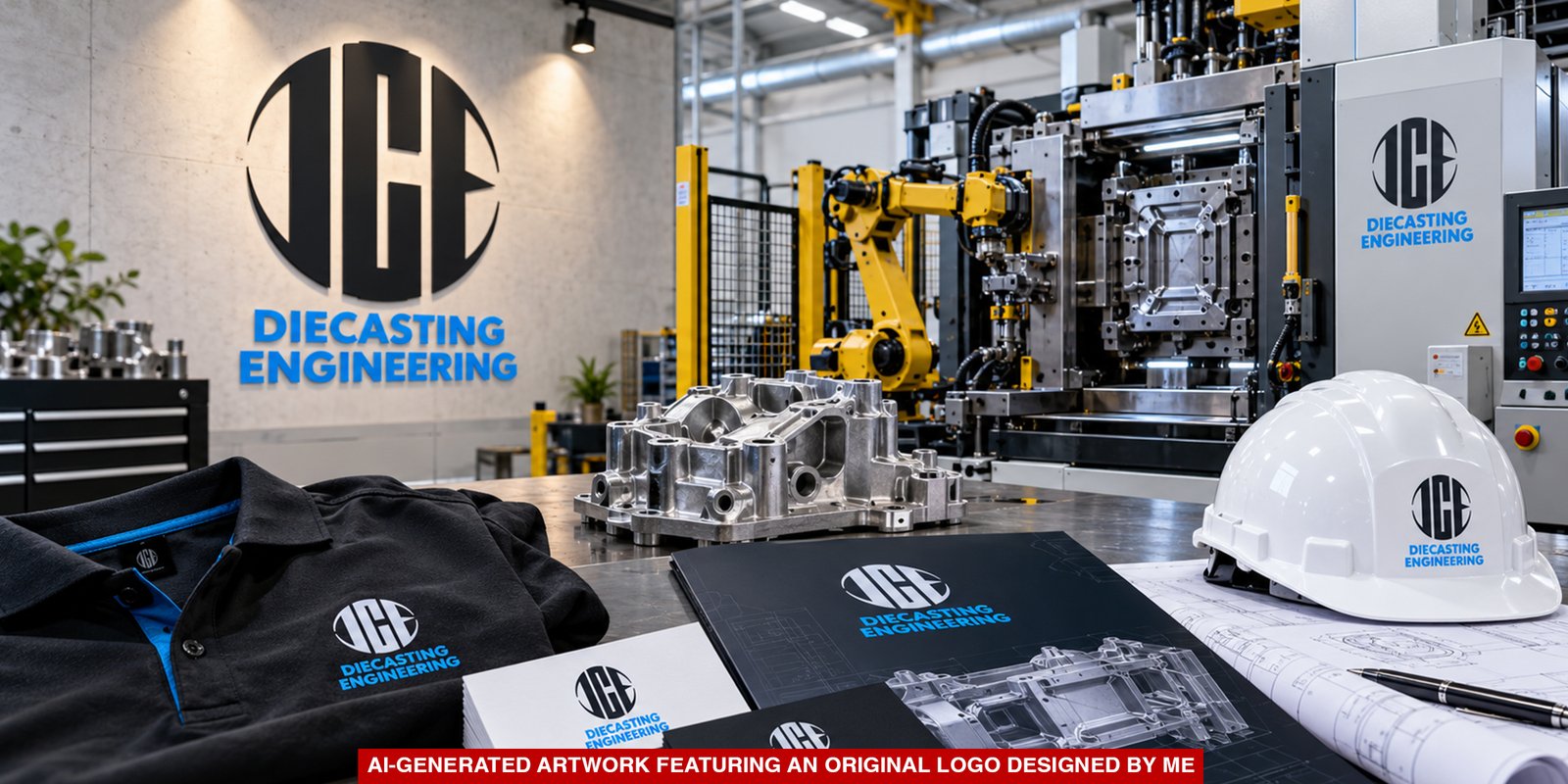 Diecasting Engineering branding showcased on factory signage, workwear, stationery and a safety helmet.