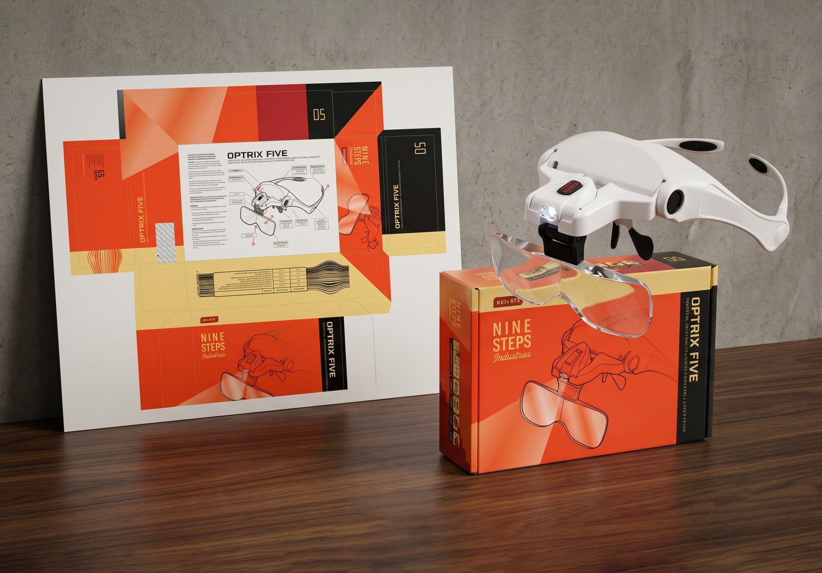 Nine Steps drone packaging mockup showing an orange box, its flat packaging design and a white drone.