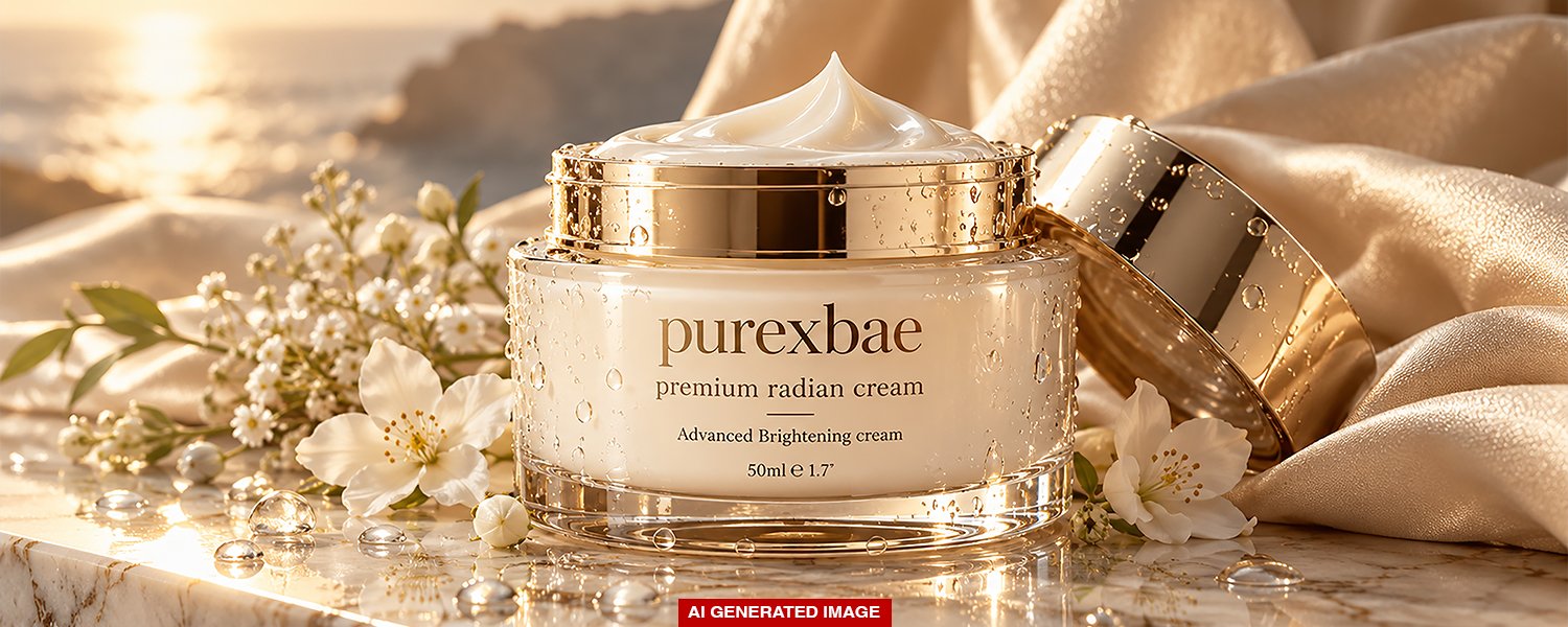 Purexbae face cream advertisement featuring a gold jar on soft fabric with delicate flowers.