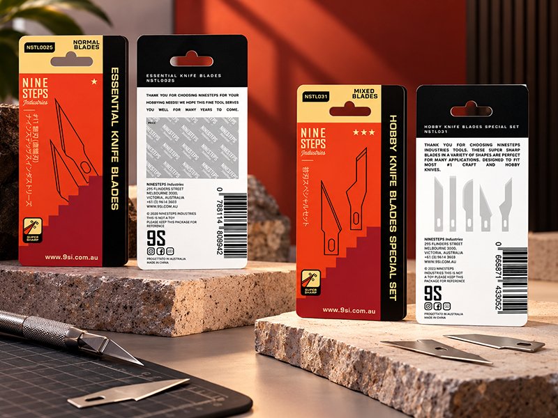 Front and back mockups of Nine Steps hobby knife and replacement blade packaging.