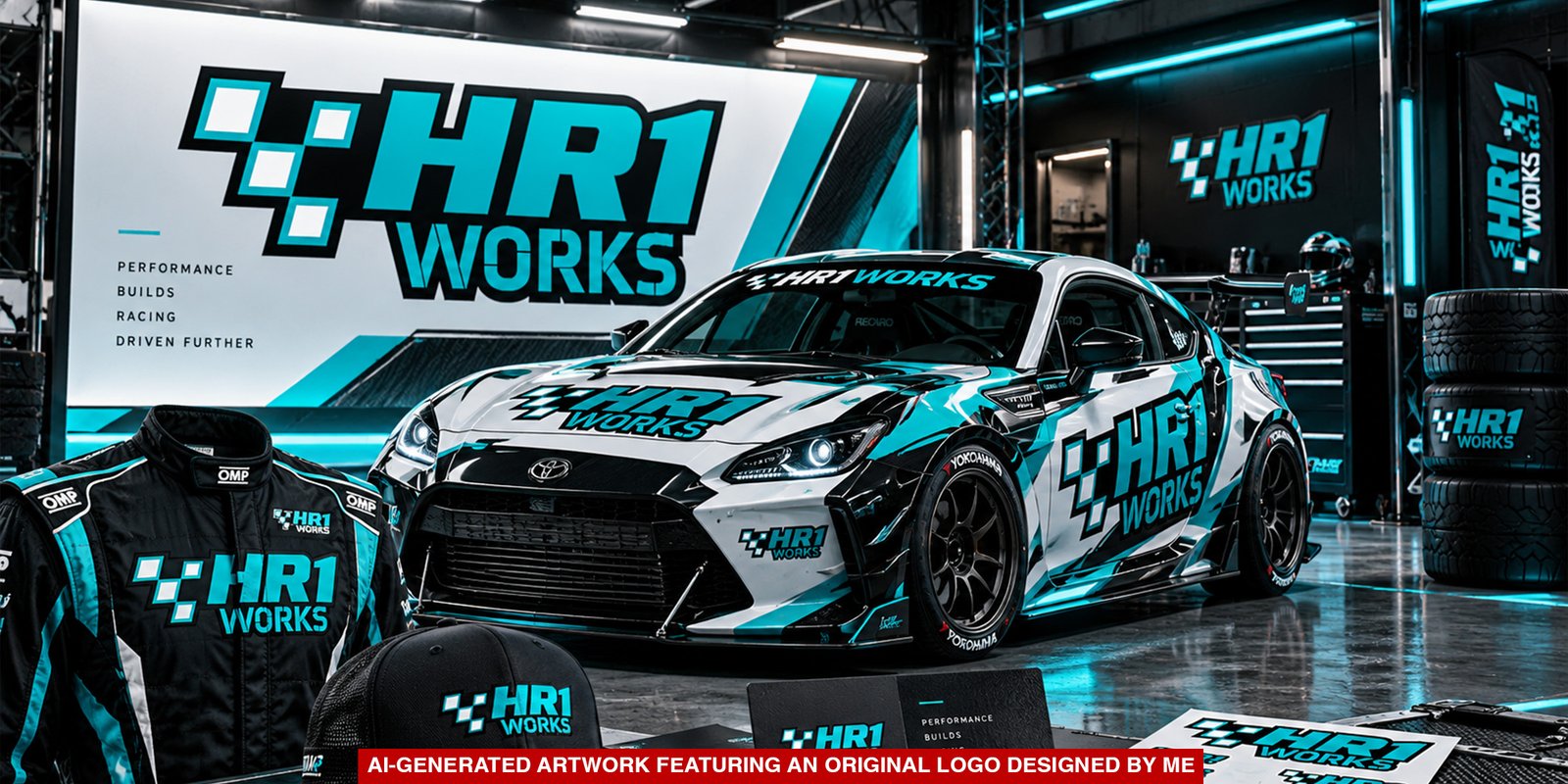 HR1 Works motorsport branding showcased on a race car and garage signage in black and turquoise.