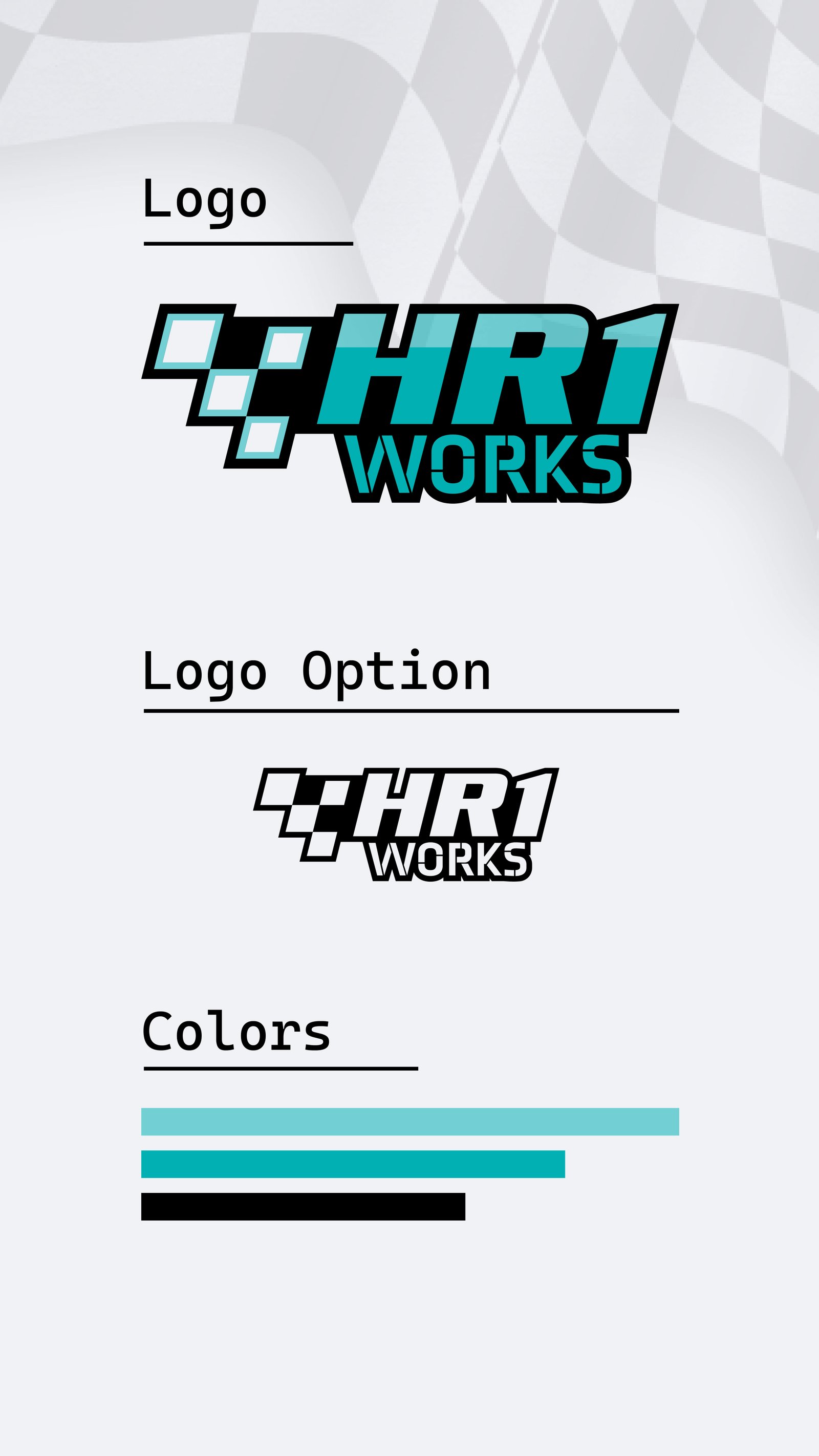 HR1 Works logo presentation showing colour and monochrome logo variations with a turquoise, black and white palette.