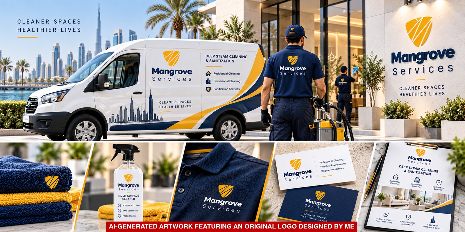 Mangrove Services Dubai branding collage showing a cleaning van, staff uniforms, signage, business cards and brochures.