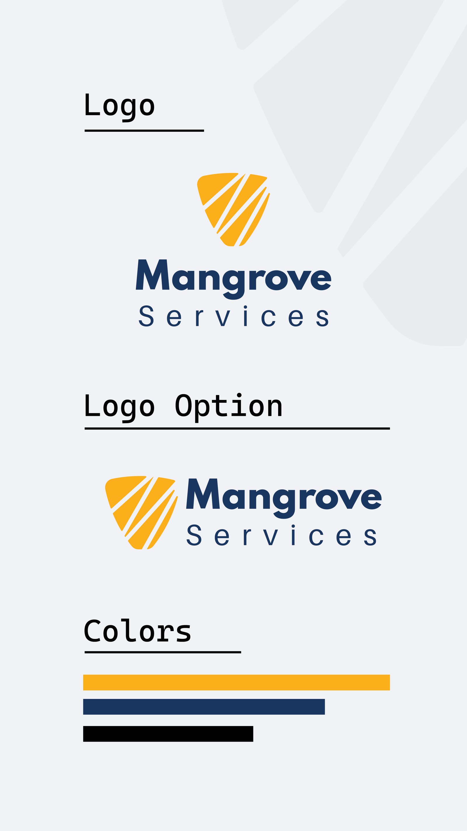 Mangrove Services logo presentation with yellow shield symbols and a navy, yellow and white colour palette.