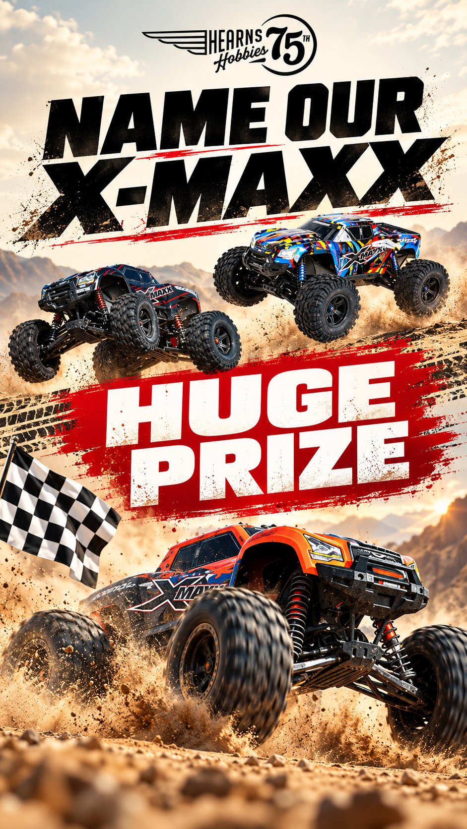 Hearns Hobbies X-Maxx naming contest poster featuring RC trucks and a huge prize offer.