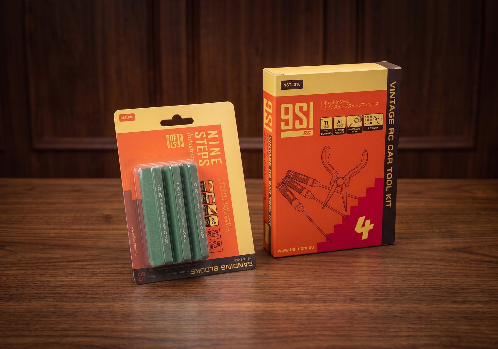 Nine Steps packaging mockups for sanding sticks and a vertical RC car tool stand on a wooden table.