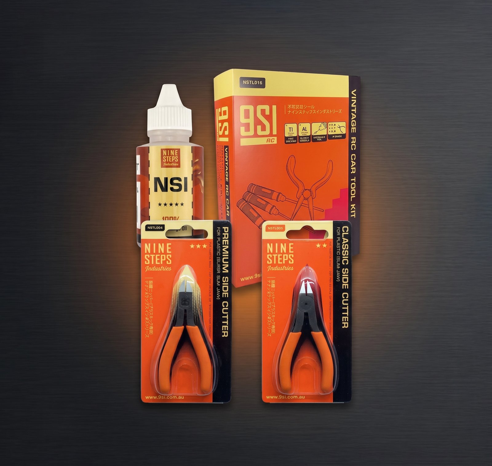Nine Steps packaging mockup featuring orange-handled pliers, a white bottle and an RC car tool stand box.