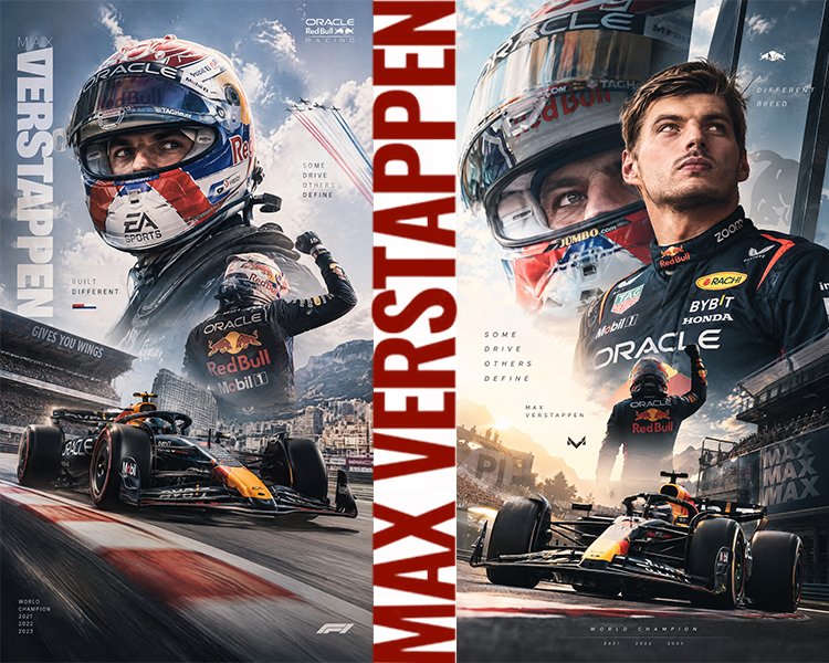Two Max Verstappen Red Bull Formula 1 poster designs combining driver portraits and racing cars.