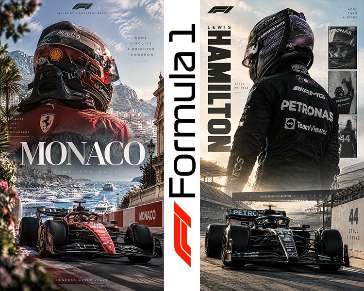 Formula 1 poster designs featuring a Ferrari driver in Monaco and Lewis Hamilton in Mercedes racing gear.