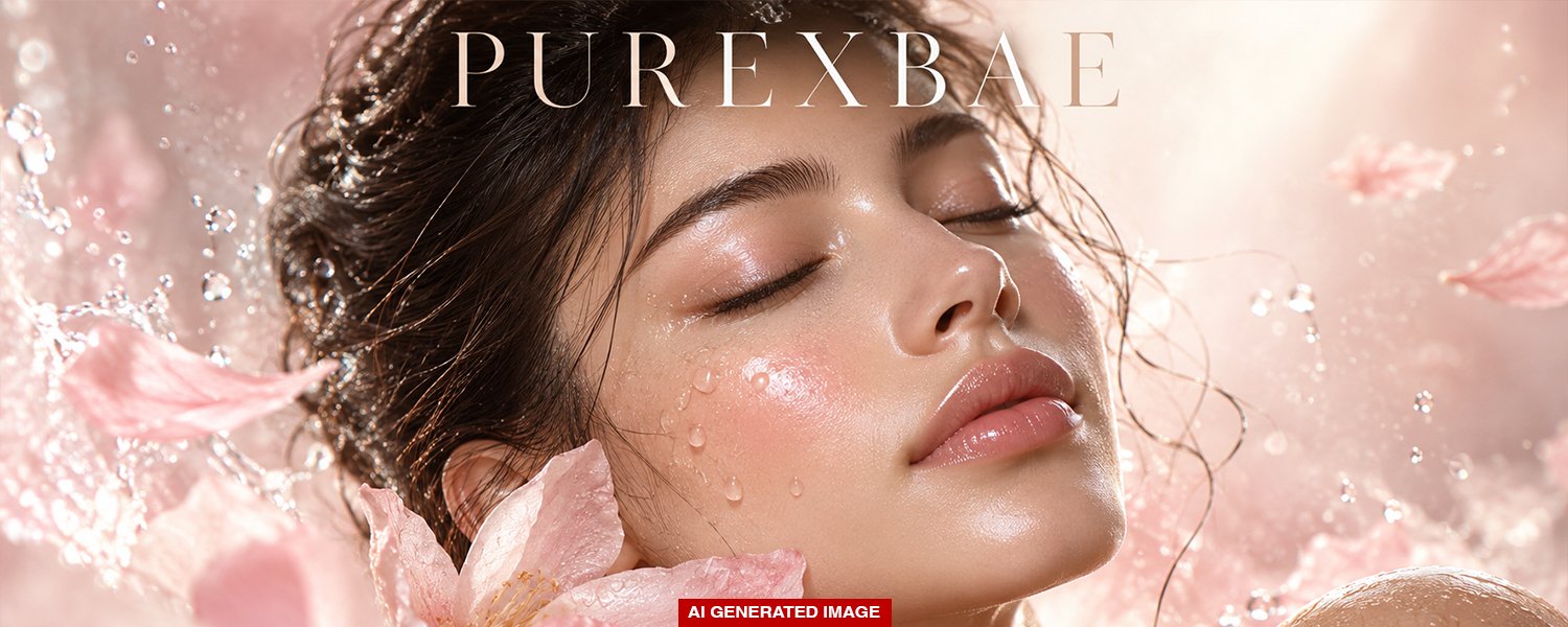Purexbae skincare campaign featuring a woman with closed eyes surrounded by pink petals and splashing water.