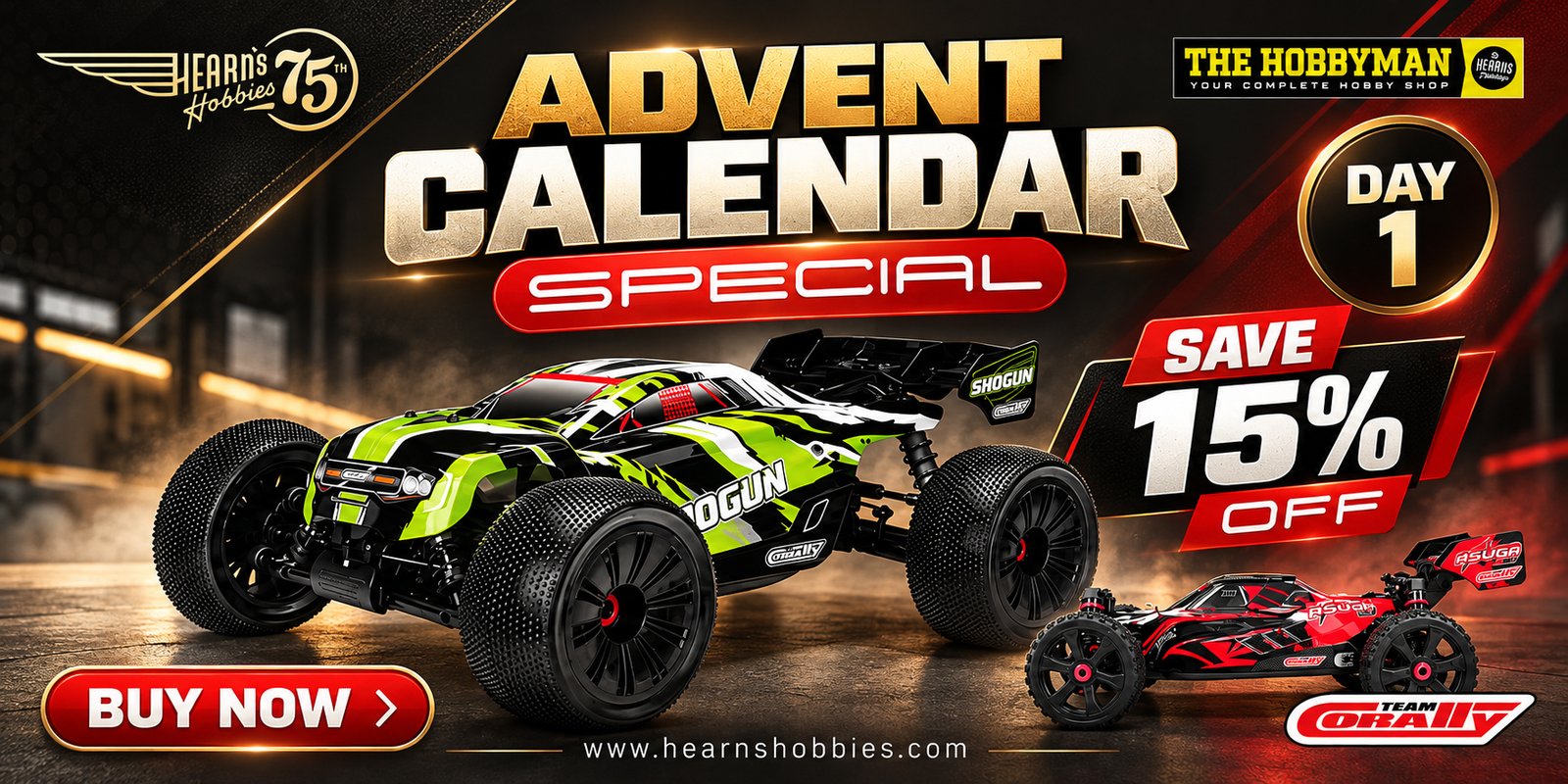 Hearns Hobbies Advent Calendar Day 1 sale banner featuring RC buggies and a 15% discount.