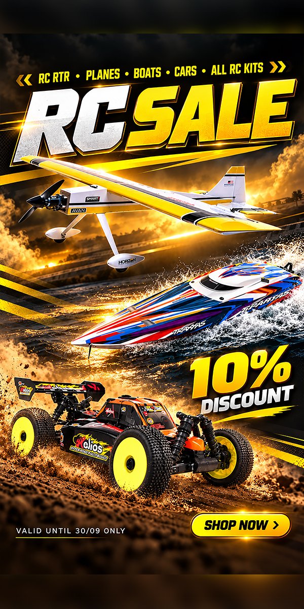 Hearns Hobbies RC sale poster featuring model planes, boats and buggies with a 10% discount.