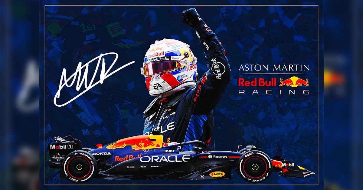 Red Bull Racing poster featuring a helmeted driver, a signature and a Formula 1 car on a blue background.