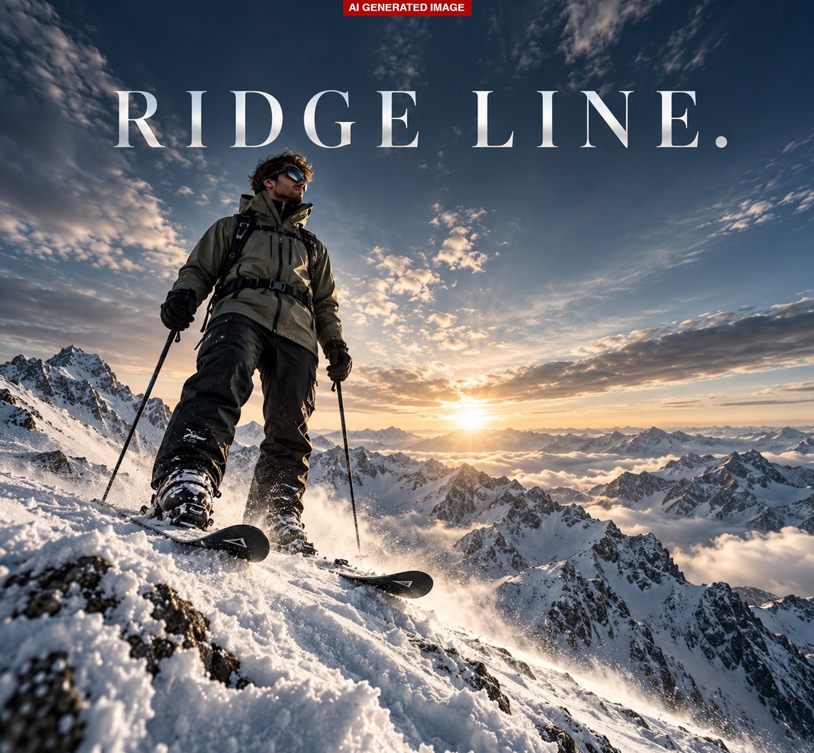 Hiker with trekking poles standing on a snowy mountain ridge beneath a golden sky and Ridgeline lettering.