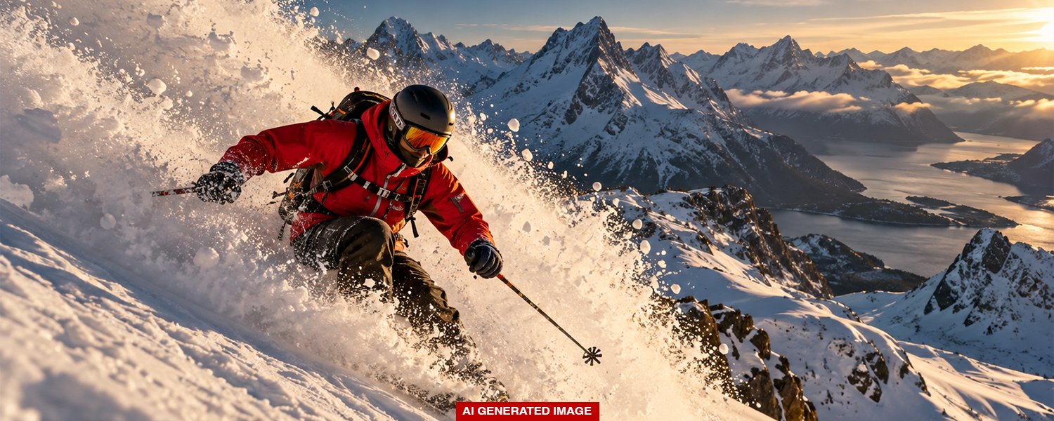 Skier in a red jacket carving through powder snow with mountain peaks in golden-hour light.