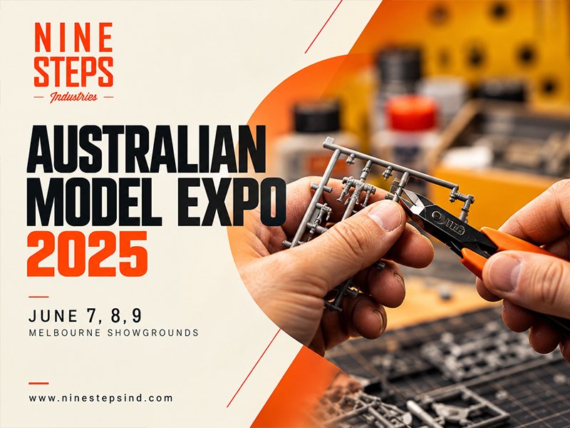 Nine Steps social media advertisement for the Australian Model Expo 2025, showing model kit assembly.