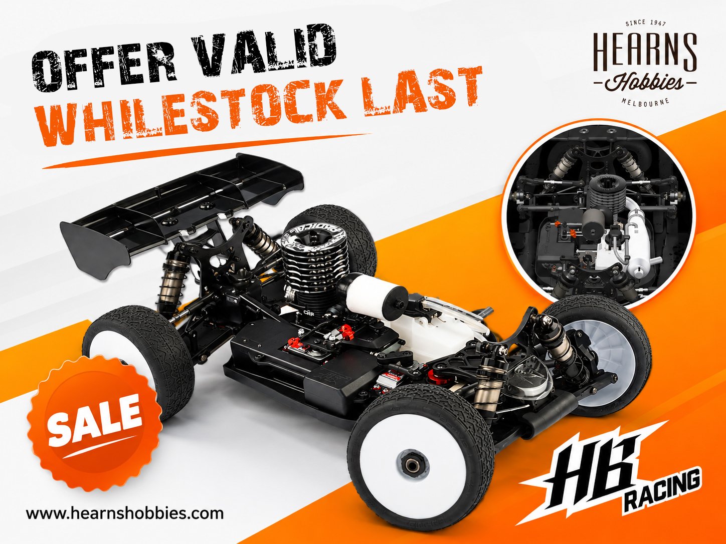 Hearns Hobbies social media sale advertisement featuring an HB Racing RC buggy while stocks last.