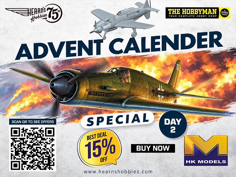 Hearns Hobbies Advent Calendar Day 2 social media advertisement featuring model aircraft and a 15% discount.