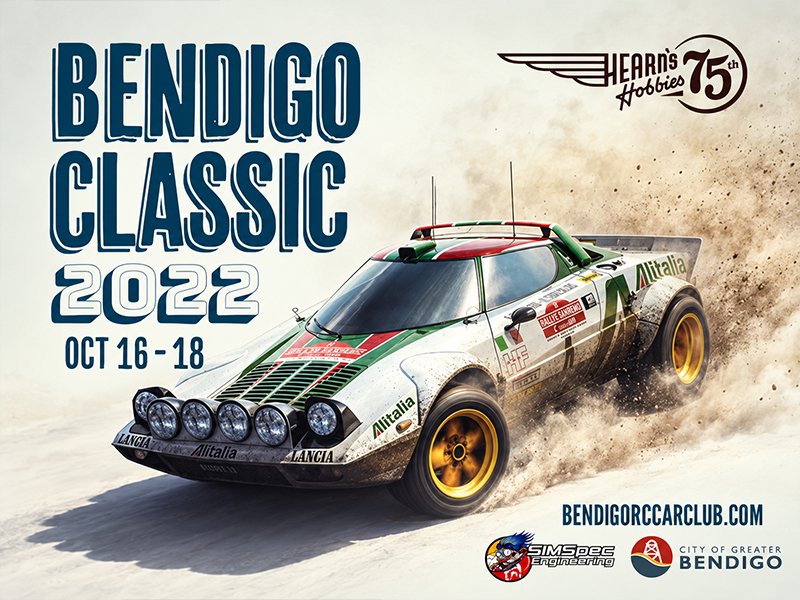 Bendigo Classic 2025 social media event poster featuring a rally car and Hearns Hobbies branding.