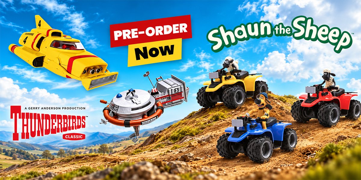 Social media preorder advertisement featuring Thunderbirds vehicles and Shaun the Sheep model cars.
