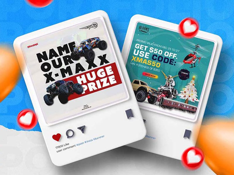 Social media mockups promoting an X-Maxx naming contest and a hobby sale, surrounded by reaction icons.