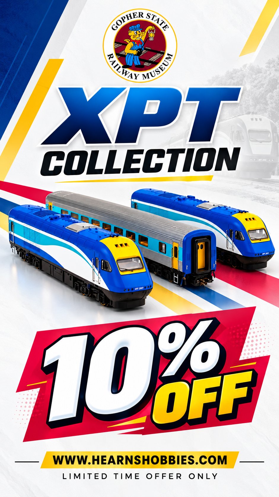 XPT Collection model train sale poster advertising 10% off at Hearns Hobbies.